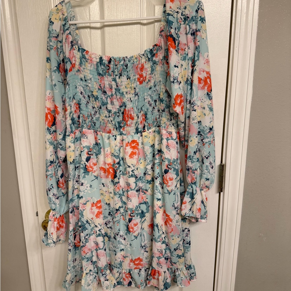 Peach Love California Floral Dress in Blue and Orange